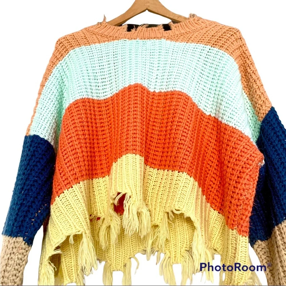 STORIA Distressed Color Block Cropped Sweater🌈 - Picture 3 of 15